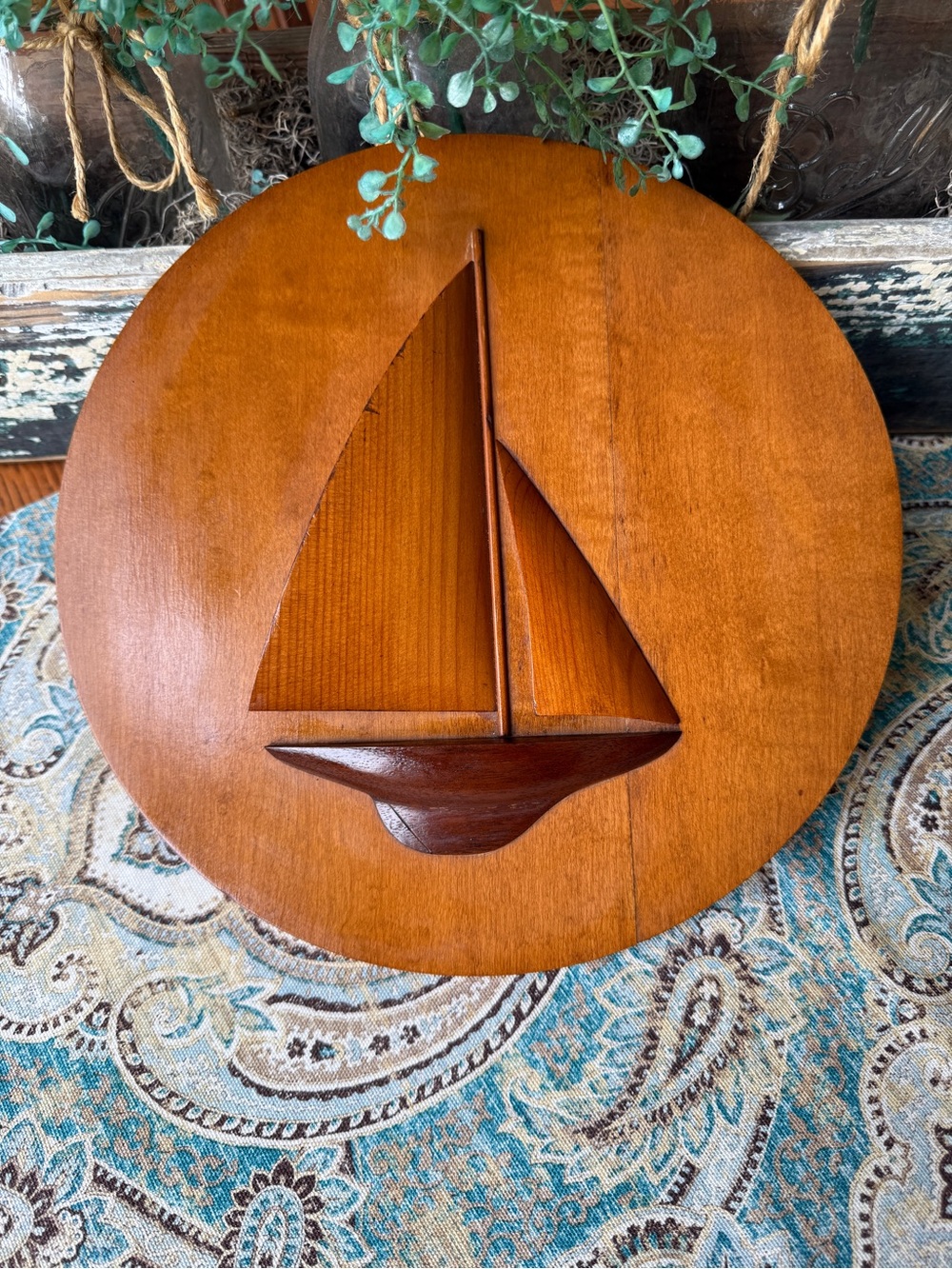 Handmade Wood Sailboat Wall Plaque Folk Art Signed 1945 Raymond Auclair Vintage